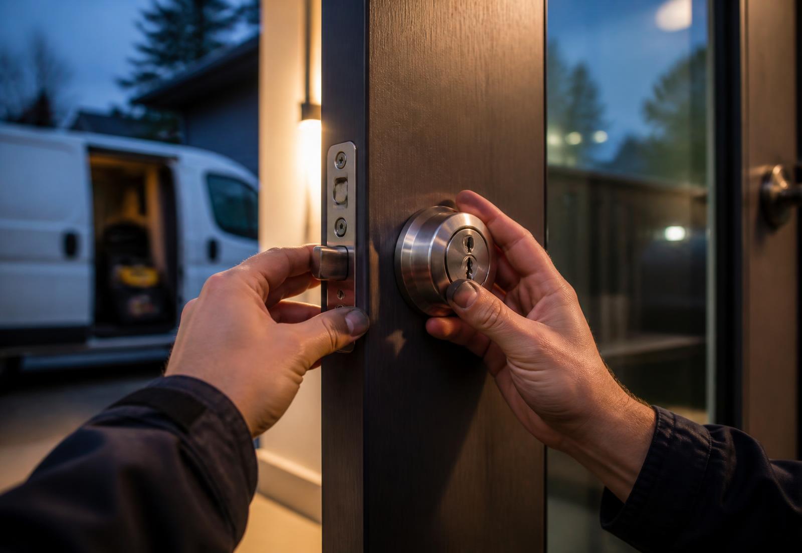 Locksmith fitting a stainless deadbolt to a residential front door at dusk